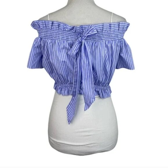 Zara Crop Top XS Off Shoulder Striped Ruffle Back Tie Summer Blue White Cinched - Picture 8 of 10
